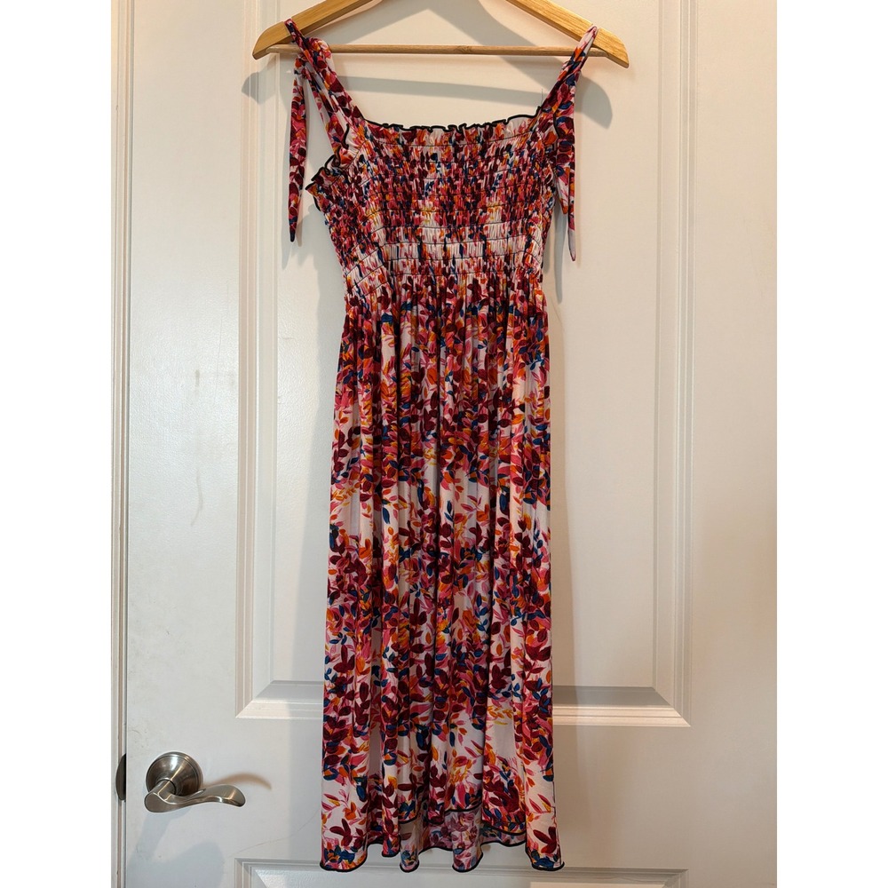 Lildy Floral Smocked Sundress Pink Orange Blue Tie Strap Midi Dress Large XL